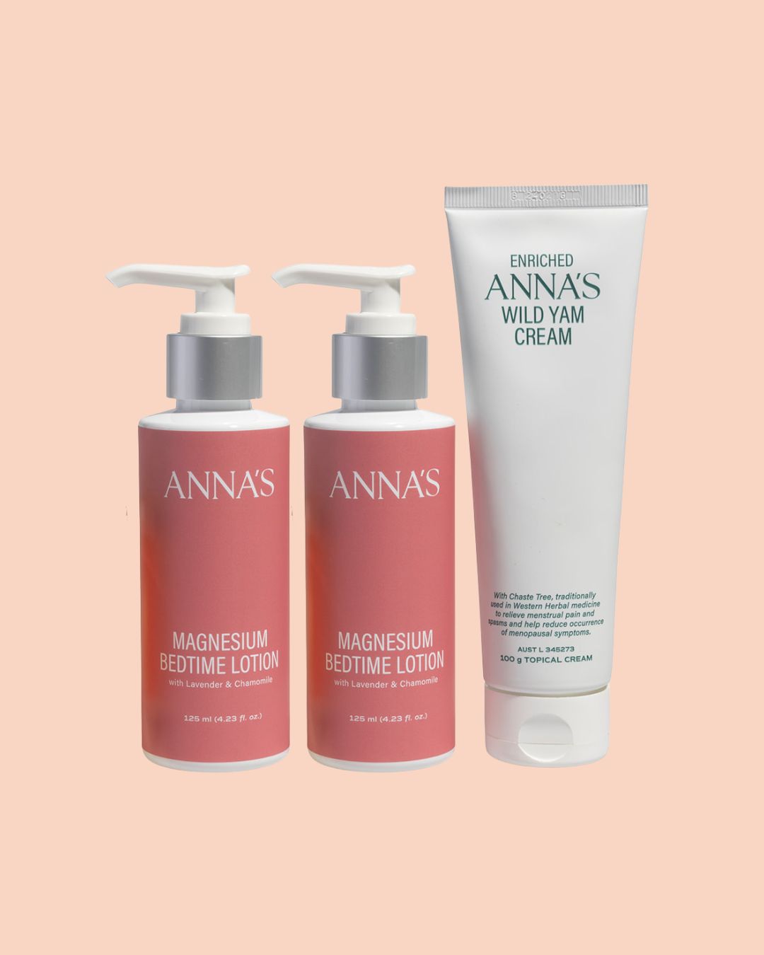 Two bottles of Anna's Magnesium Bedtime Lotion and a tube of Enriched Anna's Wild Yam Cream on a peach background.