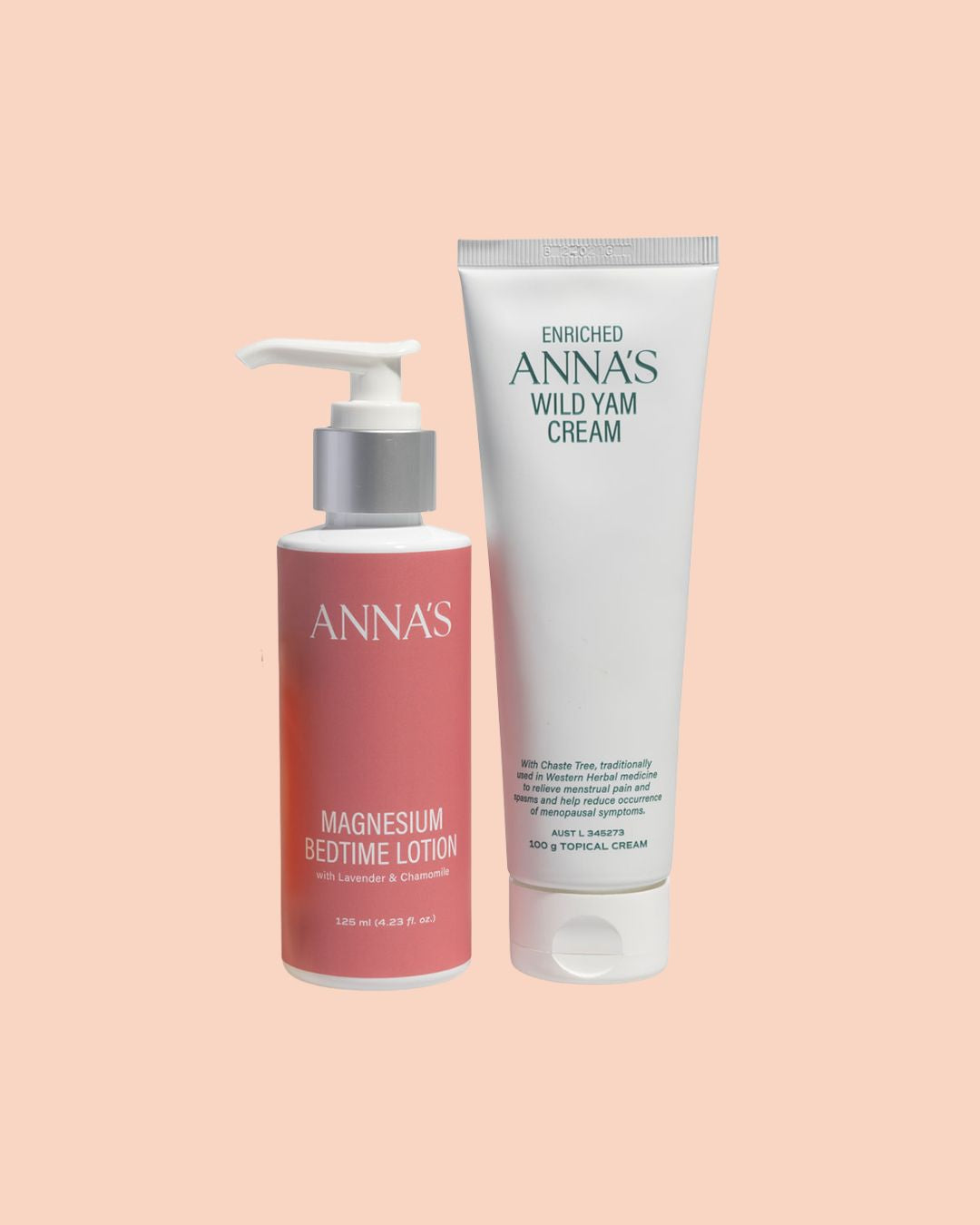 One bottle of Anna's Magnesium Bedtime Lotion and a tube of Enriched Anna's Wild Yam Cream on a peach background.